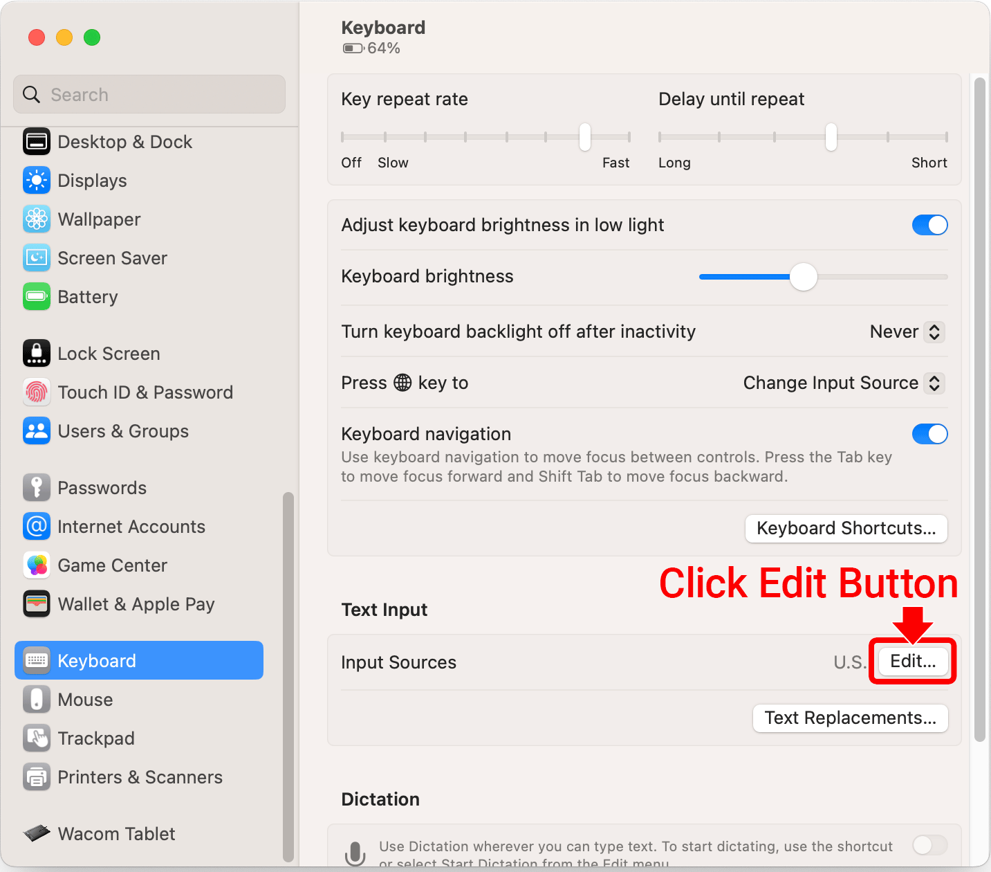 editing keyboard inputs in Apple System Preferences.