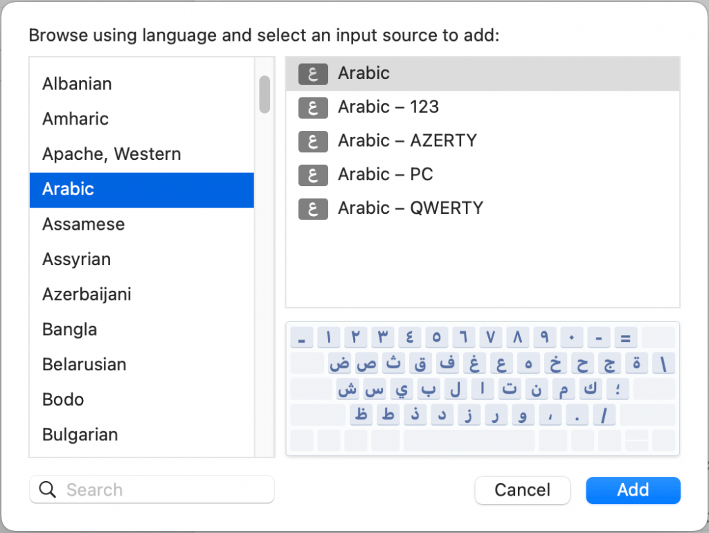 choose Arabic keyboard layout on Mac.