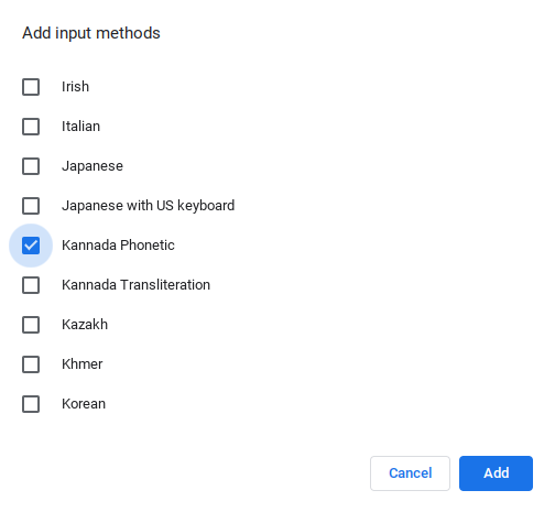 أضف طريقة إدخال الكانادا على لقطة شاشة Chrome.