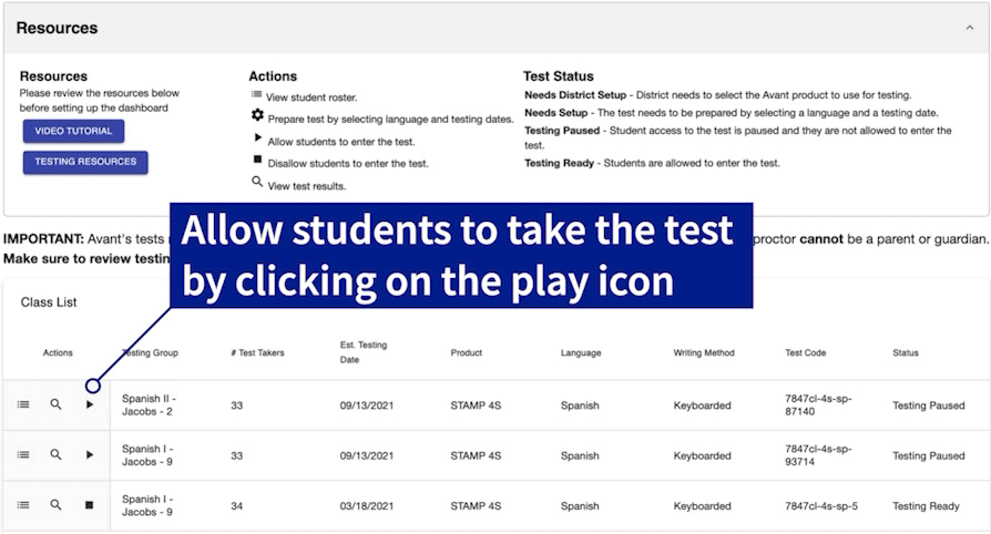 allow students test access with play icon.
