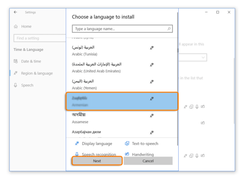 Select Next to add a language to Region and Language Settings when using Windows 10 while taking an Avant Assessment Language Proficiency Test